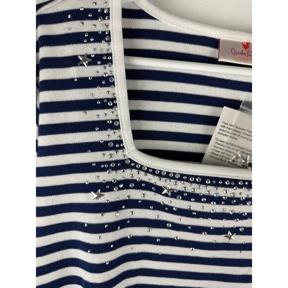NWT Quacker Factory Blue White Striped Top Size XL Rhinestones 3/4 Sleeve - Picture 17 of 17